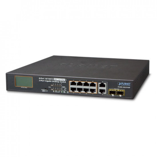 FGSD-1022VHP - 8-Port 10/100TX 802.3at PoE + 2-Port Gigabit TP/SFP combo Desktop Switch with LCD PoE Monitor (120 Watts)