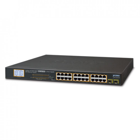 GSW-2620VHP - 24-Port 10/100/1000T 802.3at PoE + 2-Port Gigabit SFP Ethernet Switch with LCD PoE Monitor (300W)