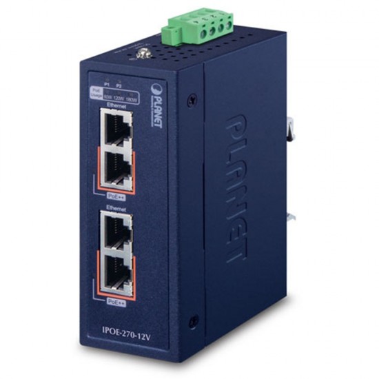 IPOE-270-12V Industrial 2-port Multi-Gigabit 802.3bt PoE++ Injector Hub  (12 to 56VDC Input)